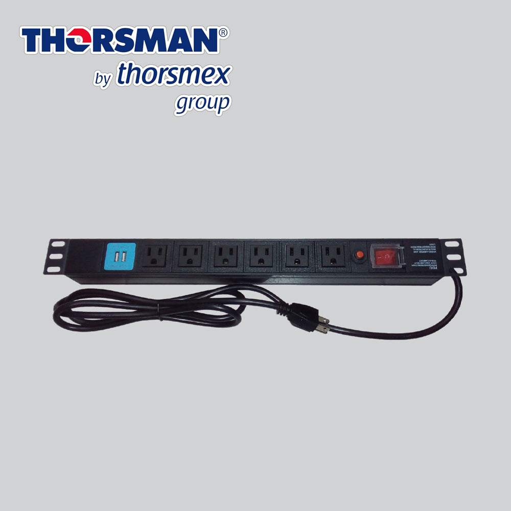 Thorsman Barra PDU 6 Contactos, 2 USB, 19” Horizontal, Aluminio