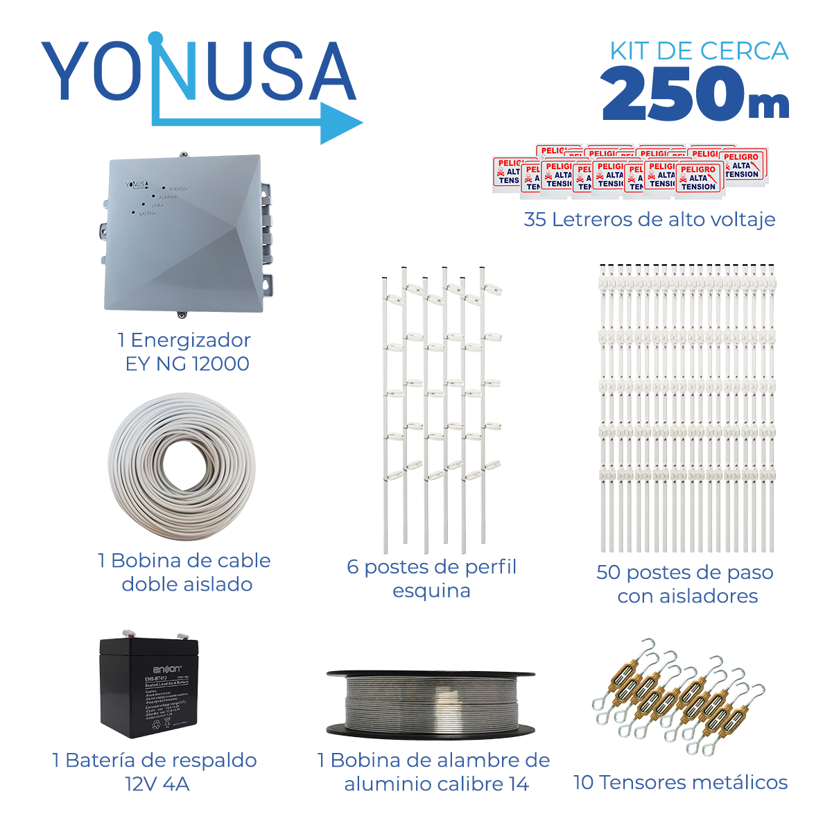 Yonusa CERCA250MTS electrificador de cercas 12500 V 1 J, Corriente alterna, 90 - 220 V, 2.5 kilometros