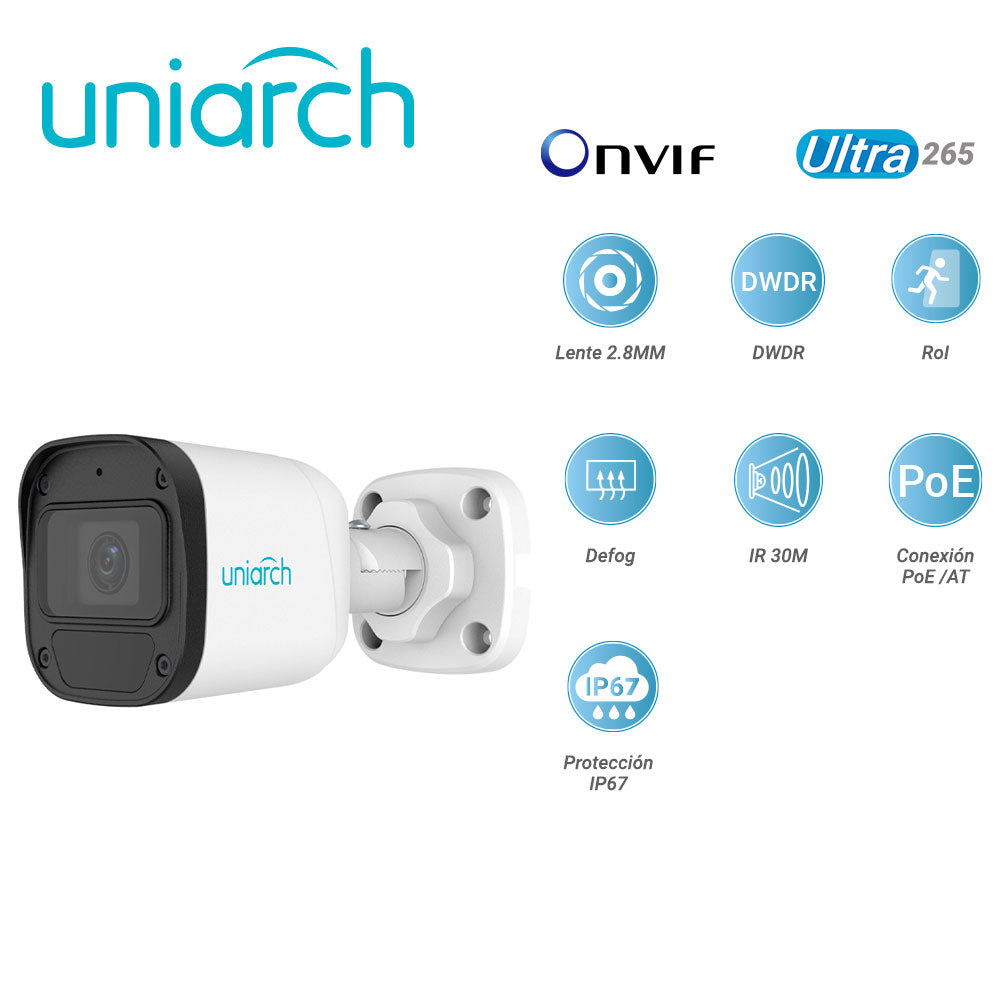 UNIARCH Cámara IP Mini Bullet IPC-B122-APF28-E, 2MP, Lente Fijo 2.8mm, IR 30m, PoE AT