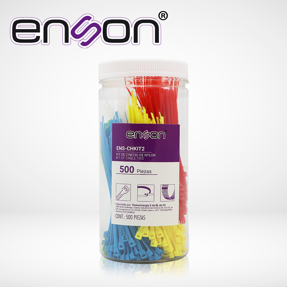 Enson Kit De Cinchos De Nylon ENS-CHKIT2, 500 Piezas, 100mm, 5 Colores