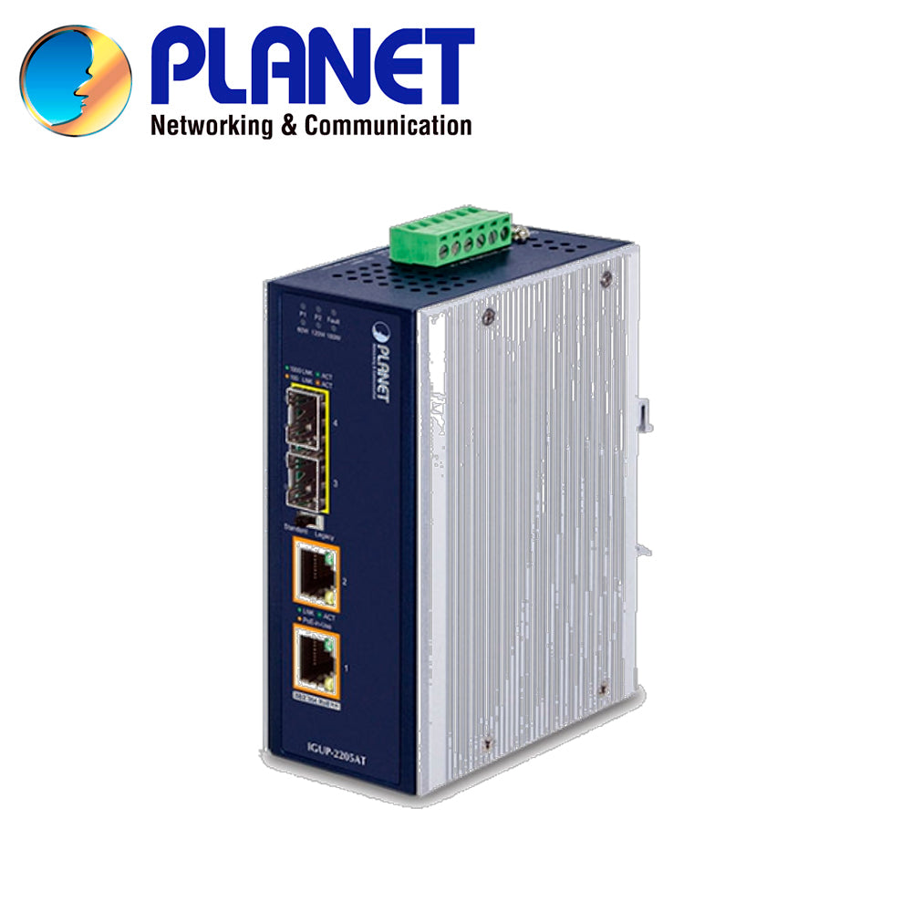 PLANET Convertidor de Medios IGUP-2205AT, 2 Puertos RJ45 PoE++ 10/100/1,000 Mbps, 2 Puertos SFP 100/1,000 Mbps, Montaje DIN-Rail/Pared