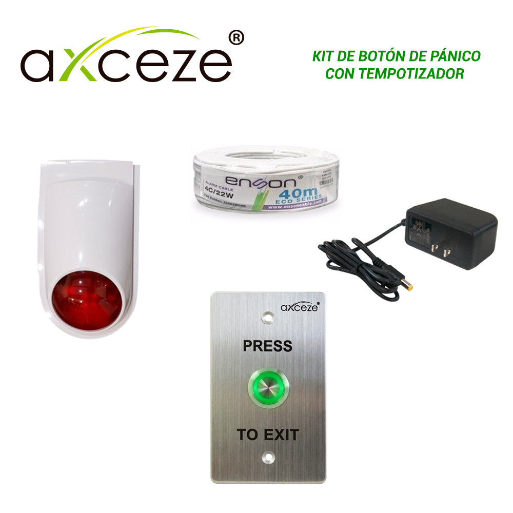 AXCEZE Kit De Botón De Pánico Con Temporizador, 1 Botón Liberador, 1 Sirena Estrobo, 1 Fuente De Poder