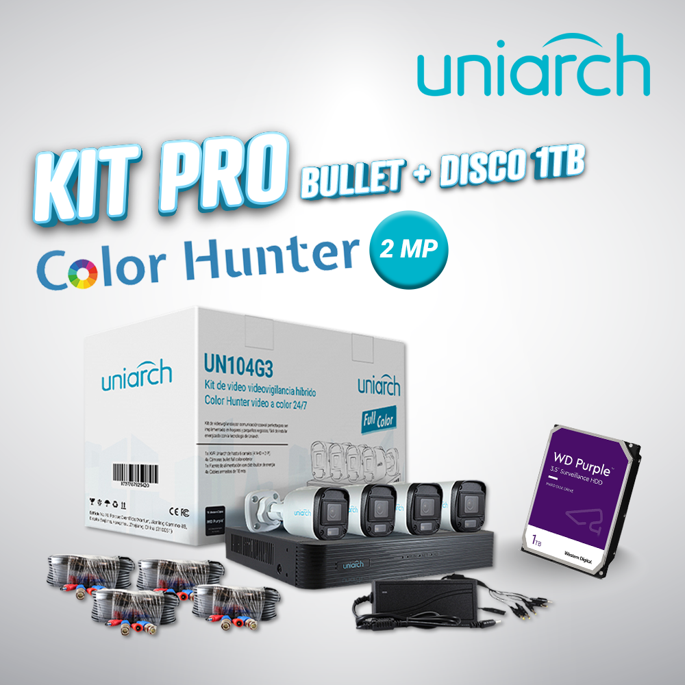 UNIARCH BY UNV KIT Pro Color Hunter 2MP Bullet, 1TB Disco, IP67, PoE