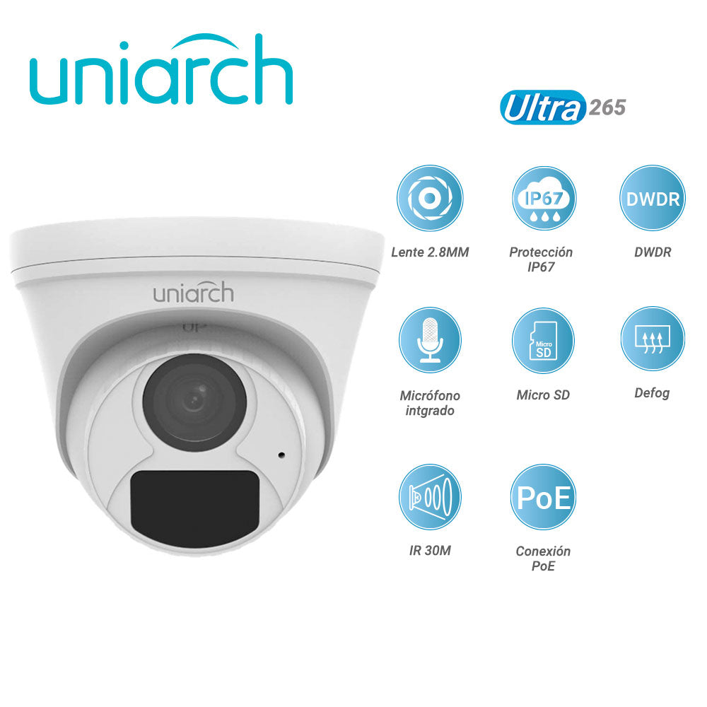 UNIARCH Cámara IP Turret IPC-T124-APF28K, 4MP, Lente 2.8mm, IP67, PoE