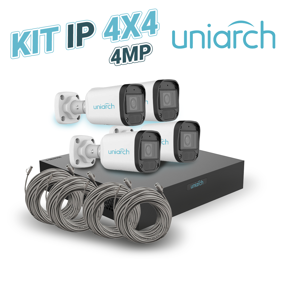 UNIARCH BY UNV Kit 4x4 IP Exterior Bullet 4MP, NVR 4 Puntos, PoE, 18m