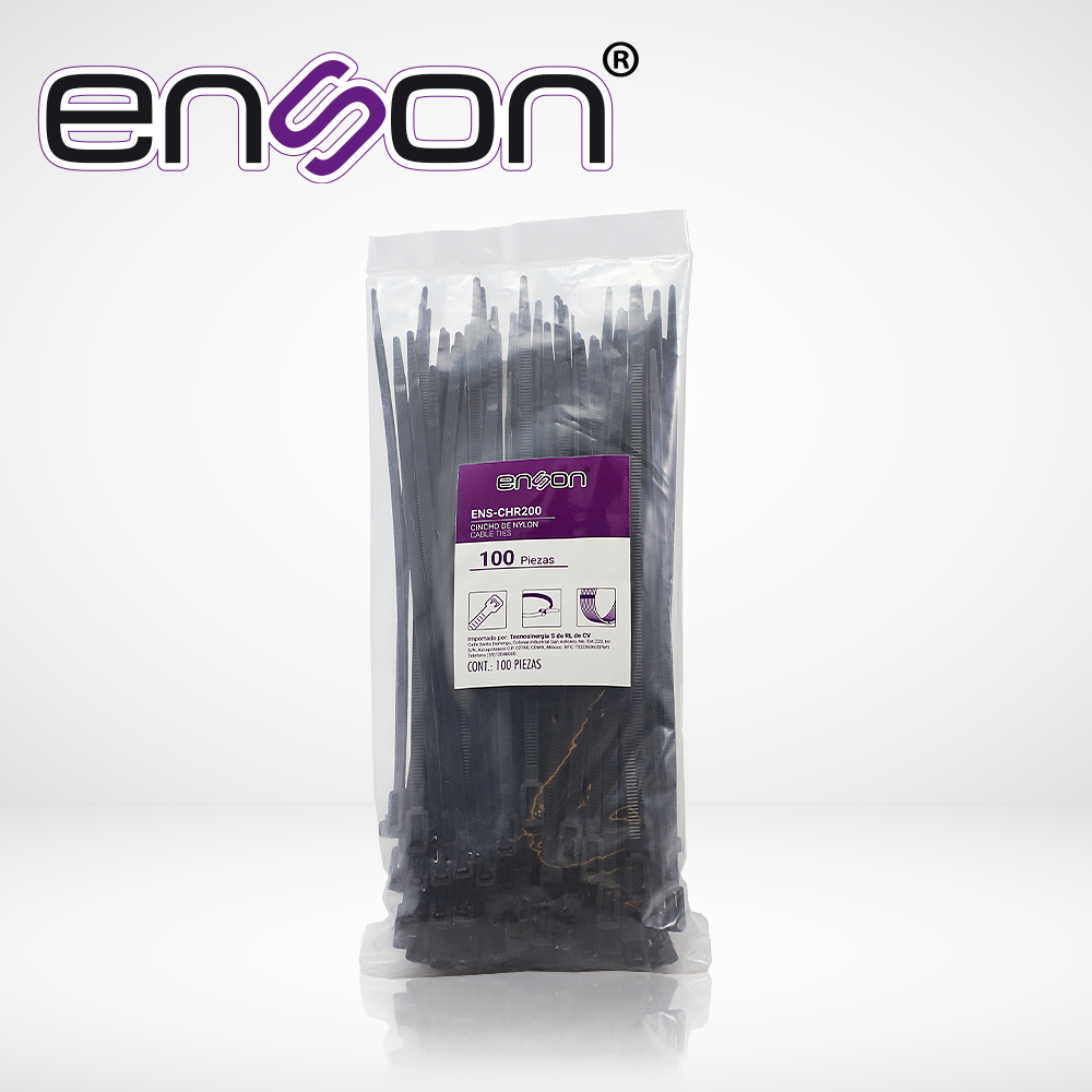 Enson Cincho De Nylon Reutilizable ENS-CHR200 4.8 X 200mm, Fuerza 18 Kgs
