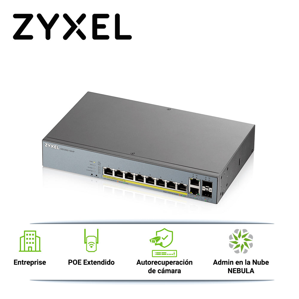 Zyxel Switch PoE Gigabit GS1350-12HP, 10 Puertos RJ45 10/100/1000Mbps, 130W PoE+