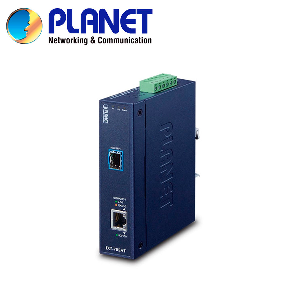 PLANET Convertidor de Medios IXT-705AT, 1 Puerto RJ45 10Gbps, 1 Puerto SFP+ 10Gbps, Doble Alimentación 12-48VDC