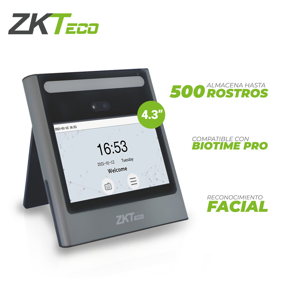 ZKTECO Terminal De Acceso Eface10, 4.3" Pantalla, 500 Rostros, TCP/IP