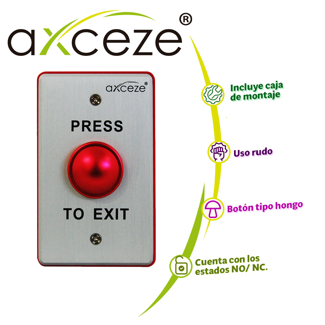 AXCEZE Botón Liberador Push Tipo Hongo AX-B70R, Aluminio, NO/NC