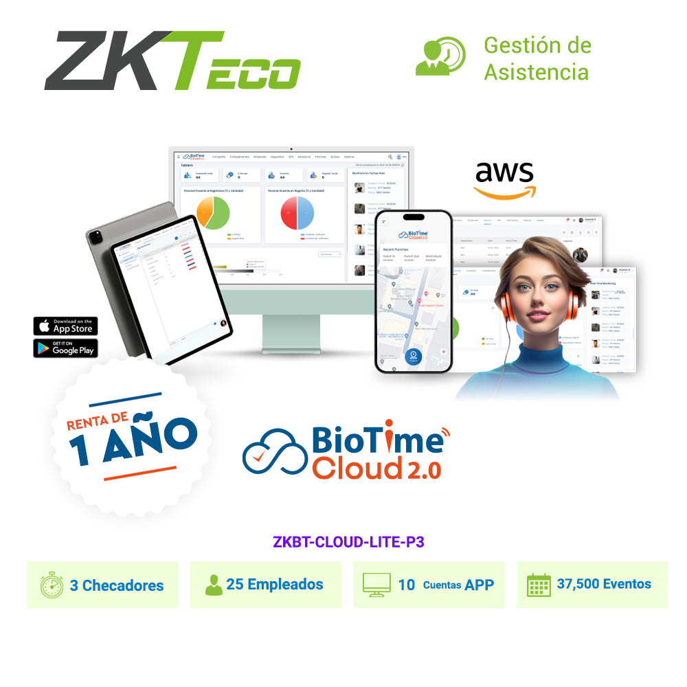 ZKTECO Licencia Asistencia Nube ZKBT-CLOUD-LITE-P3, 3 Checadores, 25 Empleados, 1 Año