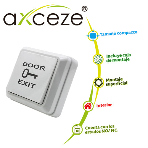 AXCEZE Botón Liberador AX-B30 Tipo Push, 69 x 69 mm, Conexión a 2 Hilos