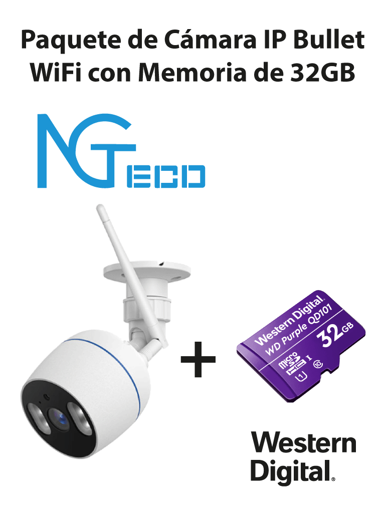 Cámara NGTECO NGC501 IP Bullet WiFi 1080P con Memoria de 32GB Micro SDHC/ Linea Purple/ Clase 10 U1