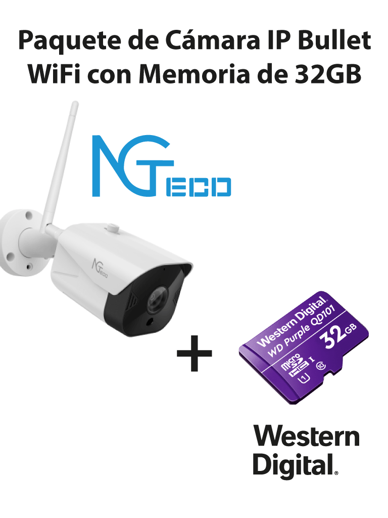 Cámara NGTECO NGC401 IP Bullet WiFi 1080P con Memoria 32GB Micro SDHC, Linea Purple, Clase 10 U1