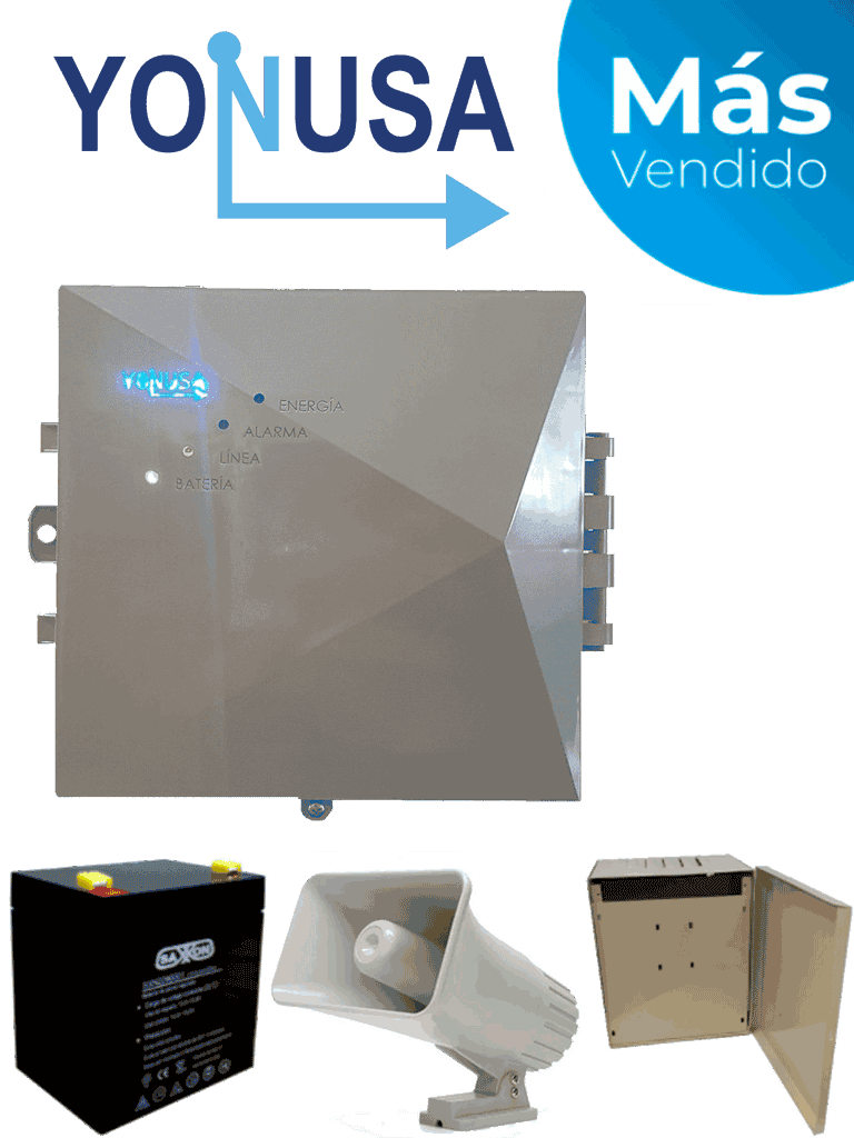 Energizador YONUSA EYNG12001BAT 12,000V 2,500m, Wifi, Sirena 30W, Gabinete metálico, Batería 12VDC 4.5Ah