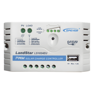 LS-1024-EU - Controlador de Carga Solar PWM / 10A / 12/24V Auto / USB 5V/2A / Tierra Positivo Común / LED