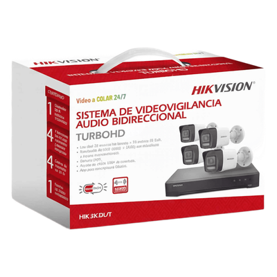 HIK-3K-DL/T - Kit TurboHD / 3K 5 Megapixel / DVR 4 Canales + 2 IP / 4 Cámaras Bala Dual Light / IR 30 m (98.4 ft) / Audio Bidireccional / AcuSense