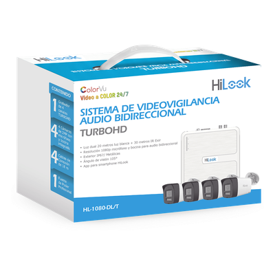HL-1080-DL/T - Kit TurboHD / DVR 4 Canales / 4 Cámaras Bala 1080p Lite / Visión Nocturna 20 m (65.6 ft) / Audio Bidireccional / Dual Light / H.265+ / Fuente de Poder Profesional / Cables Siameses 18 m (59.1 ft)
