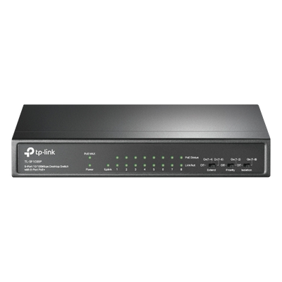 TLSF1009P - Switch PoE+ No Administrable / 9 Puertos 10/100 Mbps / 8 Puertos PoE 802.3af/at / 65W / Alcance 250 m (820 ft) / Sin Ventilador