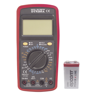 DT9205AKIT - Multímetro Digital / Pantalla LCD 67 x 42 mm / 1999 Recuentos / 600V CC/CA CAT II / Corriente 10A / Resistencia 200 MΩ / Prueba HFE Transistores