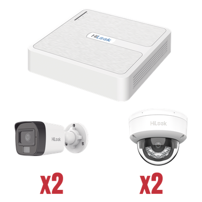 KIP2MP/2B2D - Kit IP 1080p (2 Megapixel) / NVR de 4 Canales con 4 Puertos PoE / 2 Cámaras IP Bala para Exterior con microfono y Dual light / 2 Cámaras IP Domo para