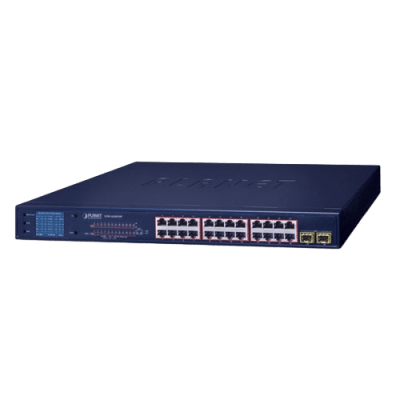 GSW-2620VHP - Switch PoE / 24 Puertos Gigabit 802.3af/at / 2 SFP 1000SX / LCD Inteligente / Modo Extendido 250 m (820.2 ft) / 300 W PoE / 52 Gbps