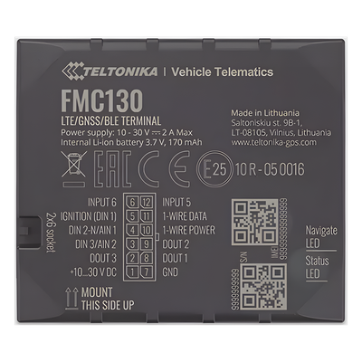 FMC130 - Rastreador Vehicular / 4G LTE CAT 1 / 2G / GNSS Multi-Constelación / Bluetooth 4.0 / 3 I/O Digitales / Batería 170 mAh / 10-30V DC