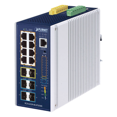 IGS-6329-8UP2S4X - PLANET Industrial L3 8-Port Gestionado Gigabit Ethernet (10/100/1000) Energía sobre Ethernet (PoE) Aluminio, Azul