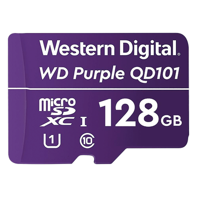 WD128MSD - Memoria microSD de 128 GB PURPLE, Especializada Para Videovigilancia, 10 VECES MAYOR DURACIÓN, 3 AÑOS DE GARANTIA