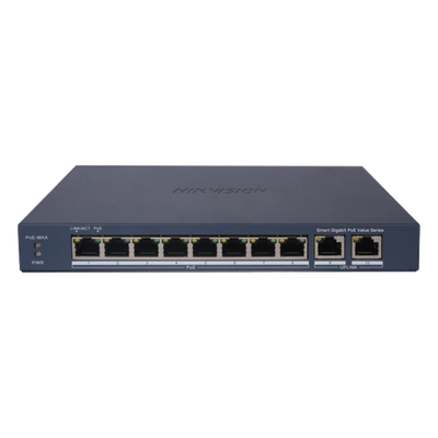 DS-3E1510P-EI/M - Switch PoE+ Administrable / 8 Puertos Gigabit PoE+ / 2 Puertos Uplink Gigabit / Alcance Extendido 300 m (984.3 ft) / 60 W / Gestión en Nube