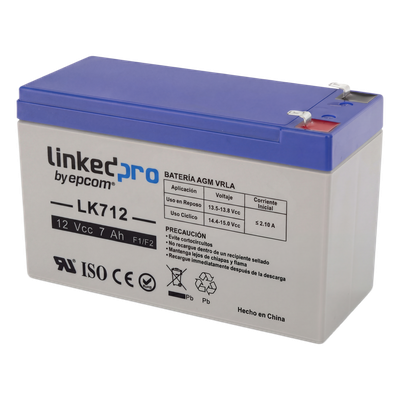 LK712 - Batería de Respaldo AGM-VRLA / 12 V / 7 Ah / Vida Útil 5 Años / Terminales F1 + Adaptador F2 / Certificación UL