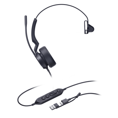 UH44-MONO-TEAMS-USB-C/A - Auriculares Mono USB / Cancelación de Ruido AI Dual-Mic / Altavoz 35 mm / USB-C con Adaptador A / Indicador de Ocupado / Microsoft Teams
