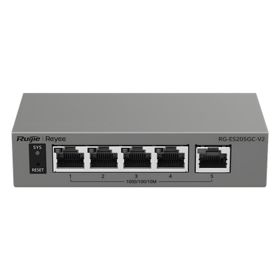 RG-ES205GC-V2 - Switch Capa 2 Gestionado en la Nube / 5 Puertos Gigabit / Switching 10 Gbps / Forwarding 7.44 Mpps / Diseño sin Ventilador / Protección 6 kV / Modo CCTV de un Clic / 32 VLANs / Gabinete Metálico / Ruijie Cloud