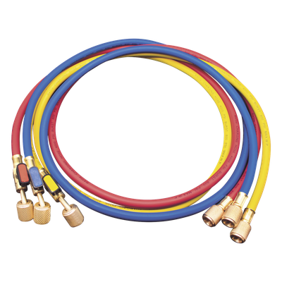 MM-360 - Juego de Mangueras de Refrigerante / 3 Mangueras 150 cm (60 in) / Presión Trabajo 55 bar (800 psi) / Presión Ruptura 276 bar (4000 psi) / Válvulas de Cierre Integradas / Conexiones 1/4 SAE Hembra y Macho / Identificación por Color Rojo-Azul