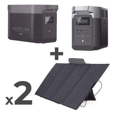 DLT2MAX-KIT-BPLUS - Kit de Estación de Energía Portátil / 4096Wh Total / 2400W Continuo / 4800W Pico / 2 Paneles Solares Flexibles 400W / 6 Salidas CA / Wi-Fi y Bluetooth
