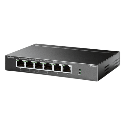 TLSF1006P - Switch PoE no administrable / 6 puertos 10/100 Mbps / 4 puertos PoE 802.3af/at / Presupuesto 67 W / Extensor hasta 250 m (820 ft) / Prioridad video
