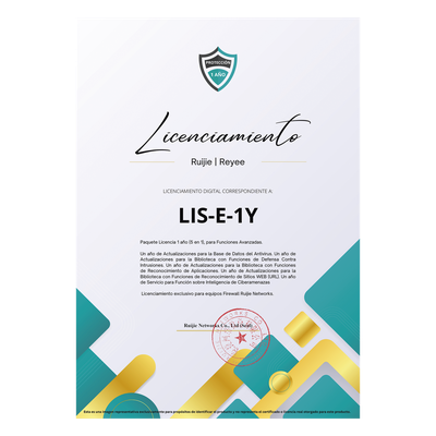 RG-WALL1600-Z3200-S-LIS-E-1Y - Licencia Anual Firewall / 5 Funciones Avanzadas / Antivirus / Ciberamenazas / IPS / Reconocimiento Aplicaciones y URL