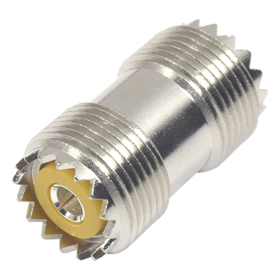 RFU-536 - Adaptador Coaxial Barril / UHF Hembra SO-239 a UHF Hembra SO-239 / Montaje en Línea / Cuerpo Bronce Niquelado / Contacto Plateado