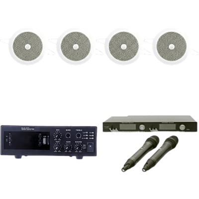 EPCONFERKITE - Kit de Audio para Conferencias / Amplificador 120W / 2 Micrófonos UHF / 4 Altavoces de Plafón 4" / Bluetooth y MP3 / Alcance 100 m (328 ft)