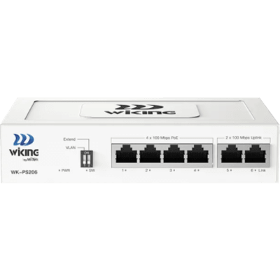 WK-PS206 - Switch PoE No Administrable / 4 Puertos 10/100 Mbps PoE af/at / 2 Puertos Uplink 10/100 Mbps / Presupuesto PoE 45 W / Alcance Extendido 250 m (820.2 ft)