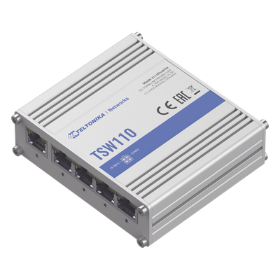 TSW110 - Switch Industrial No-Administrable / 5 Puertos Gigabit / Aluminio DIN / -40 a 75 °C / 9-30 VDC / 1.8 W / 10 Gbps Full Duplex