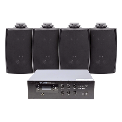 SFB240/4WS - Kit de Sonido Ambiental / Amplificador 240W RMS / Salida 70/100V / 4 Altavoces de Pared / Bluetooth y MP3 / Resistente a Humedad