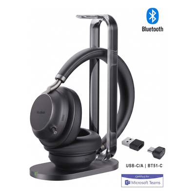 BH76-PLUS-WITH-CHARGING-STAND-TEAMS-BLACK-USB-C/A - Diadema Inalámbrica Bluetooth / 5 Micrófonos Acoustic Shield / ANC 35 dB / Autonomía 40 h / Alcance 45 m (147.6 ft) / USB-C/A / Qi / Certificación Teams