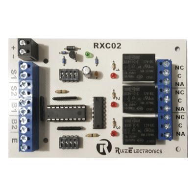 RXC02 - Controlador de Esclusa / 2 Puertas / 3 Relevadores / Temporizadores 0-30 s / 12 VCC / Entrada de Emergencia