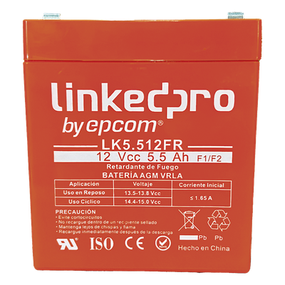 LK5.512FR - Batería de Respaldo AGM-VRLA / 12 V / 5.5 Ah / Retardante a la Flama UL94-V0 / Vida Útil 5 Años / Terminales F1 con Adaptador F2