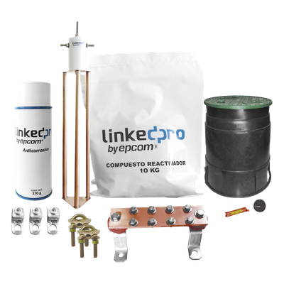 LP-GROUND30A-KIT - Kit Puesta a Tierra 30A / Electrodo Cobre Electrolítico / Diseño Delta / Filtro Equipotencial / Compuesto 12 kg / Barra Unión + Conectores + Registro