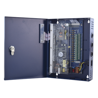 PLK-12-DC-16A - Fuente de poder profesional de 12-14.8 Vcc @ 16 Amper ; para 16 cámaras , Voltaje de entrada : 96-264 Vca, con capacidad de batería de respaldo, requiere batería.