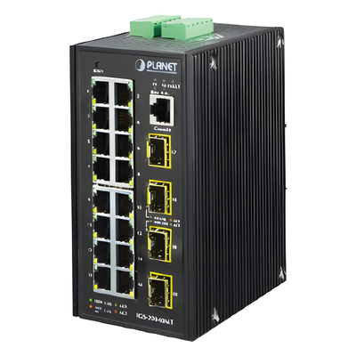 IGS-20040MT - Switch Administrable Industrial / 16 Puertos Gigabit RJ45 / 4 SFP / -40°C a 75°C / IP30 / Fuente Redundante 12-48V DC