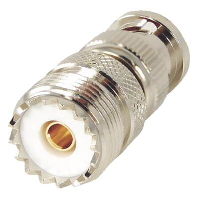 RFB-1136 - Adaptador RF en Línea / 50 Ohm / BNC Macho a UHF Hembra SO-239 / Cuerpo Níquel / Contacto Oro / Aislante Delrin