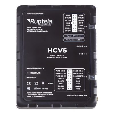 HCV5 - Localizador GPS Vehicular / LTE Cat M1 (4G) 3G 2G / CAN FMS J1708 J1939 / BLE 5.1 / RS232 RS485 / 9-32 V DC